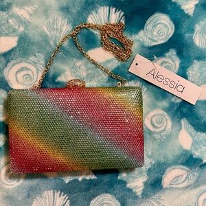 ALESSI PASTEL RAINBOW CRYSTAL CLUTCH CROSSBODY BAG WITH CHAIN STRAP NWT